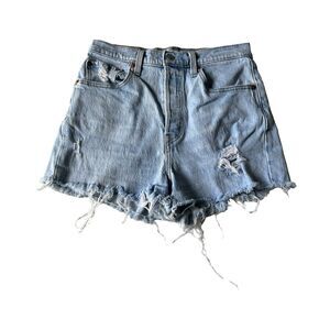 Levis Womens Premium Ribcage Shorts 28 Blue Button Fly Big E Cut Off Denim